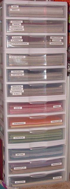 a stack of plastic drawers with labels on them