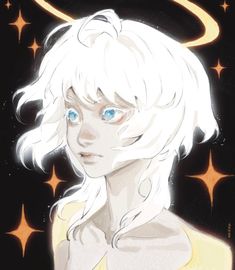 an anime character with white hair and blue eyes is staring at the camera while surrounded by stars