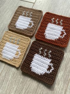 three crocheted coasters with coffee cups on them