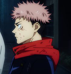 an anime character with pink hair and blue eyes looks at something in the distance while wearing a red scarf