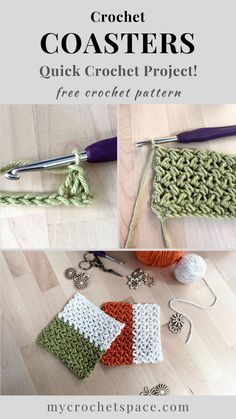 crochet coasters with text that reads, crochet coasters quick crochet project free crochet pattern