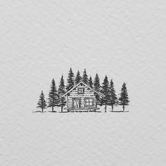 a drawing of a cabin in the middle of some pine trees on a snowy day