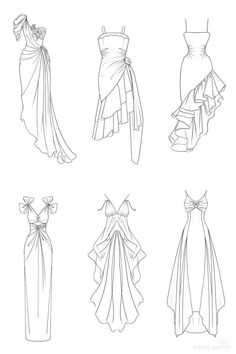 four dresses drawn in black and white