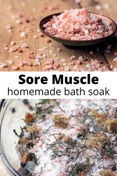 Collage of Himalayan salts and homemade bath salts with dried herbs. Muscle Bath Soak, Sore Muscles Bath Soak, Herbal Bath Recipes, Bath Tea Recipe, Bath Salts Diy Recipes, Diy Bath Soak, Homemade Bath Salts, Bath Soak Recipe, Sore Muscle Relief