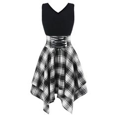 Lasaky - Thickened Plaid Strappy Dress with Elastic Waist and Irregular Grid Pattern Casual Dresses Plus Size, Punk Dress, Summer Black Dress, Half Sleeve Dresses, Gothic Dress, Strappy Dresses, Gothic Outfits, Plaid Print, Plaid Dress