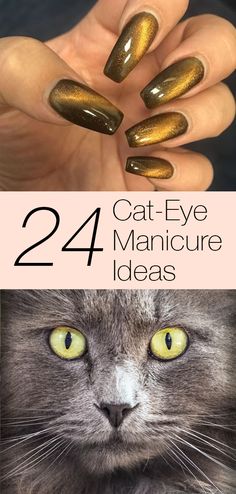 Tiger Eye Gel Nails, Ballerina Cat Eye Nails, Cats Eye Gel Polish, Cat Eye Shellac Nails, Cats Eye Almond Nails, Cat Eye Nails By Skin Tone Range, Tigers Eye Nails Design, Black And Gold Cats Eye Nails, Tiger Eye Nail Art