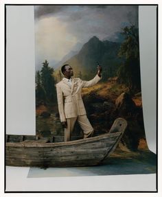 a painting of a man in a suit standing on a boat with his hand up