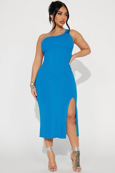 Blue Ribbed Dress Outfit, Royal Blue Knitted Midi Dress, Blue Ribbed Knee-length Bodycon Dress, Royal Blue Ribbed Dress, Blue Ribbed Sleeveless Bodycon Dress, Ribbed Midi Dress, Knit Midi, Knit Midi Dress, Blue Midi Dress