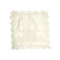 a white handkerchief with lace on the edges and an embroidered border around it, against a white background