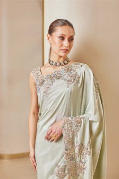 Osaa By Adarsh | Olive Embroidered Sari And Blouse | INDIASPOPUP.COM Olive Fabric, Blouse Yoke, Satin Saree, French Knots, Blouse For Women, French Knot, Intricate Embroidery, Blouse Online, Embroidery Work