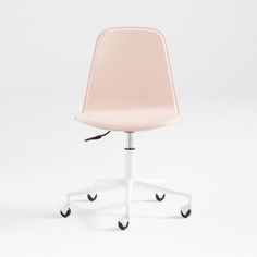 an office chair with wheels and a pink seat on it's casteors, against a white background