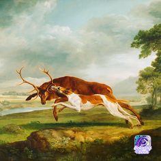 a painting of an antelope running through a field with trees in the background