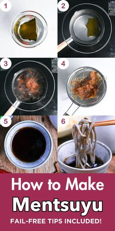 Step-by-step photo tutorial showing the preparation process of homemade mentsuyu noodle dipping sauce, from combining ingredients to serving with soba noodles