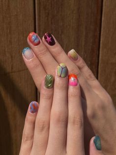 Funky Short Nail Art, Multi Pattern Nails, Mismatched Short Nails, Short Gel Nail Designs Funky, Short Nails Funky Design, Mismatched Nail Art Short, Mismatch Nail Art, Nail Art Trends 2024, Short Mismatched Nails