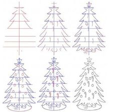 three different types of christmas trees are shown in this drawing lesson, which shows how to draw