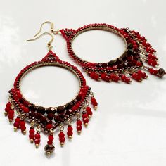 Large dangling hoop earrings Red Charm, Earring Hoops, Beads Jewellery, Jewellery Gifts, Large Earrings, Beaded Dangles, Jewelry Earrings Hoops, Charm Earrings, For Friends