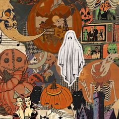 a collage of halloween images with ghost, pumpkins and other things in the background