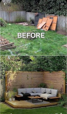 the before and after pictures of an outdoor living area with wooden furniture, grass and bushes