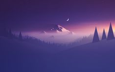 the night sky with mountains and trees in it