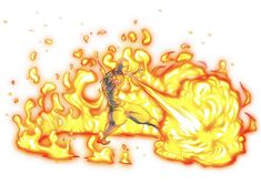 a drawing of a woman on fire with orange and yellow flames around her, as if she's about to strike an object