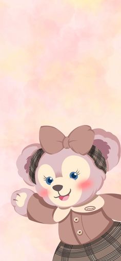 a teddy bear with a bow on it's head standing in front of a pink background