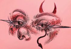 a drawing of a demon's face with long horns