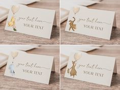 winnie the pooh birthday party place cards with balloons and animals on them, set of four