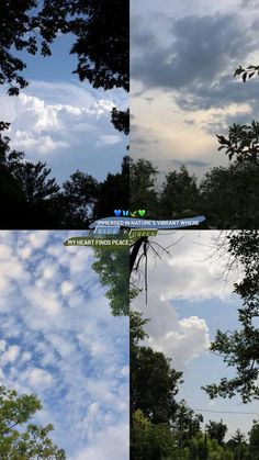 three different shots of trees and clouds in the sky with text overlaying them