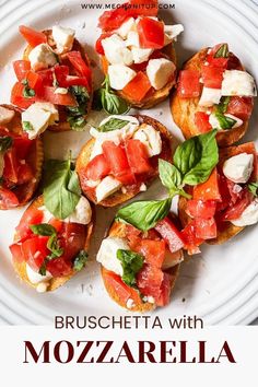 a white plate topped with mini breads covered in cheese and toppings next to a text overlay that reads bruschetta with mozzarella