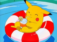 pikachu drinking from a cup while floating on an inflatable floater