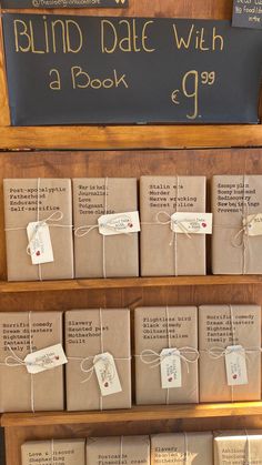 some brown packages tied up on wooden shelves