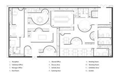 the floor plan for an office with two separate rooms and three different areas in each room