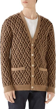 Gucci Men's Rhombus Intarsia-Knit Cardigan Sweater Gucci Knitwear, Cardigan Gucci, Gucci Cardigan, Bold Logo, Knitwear Men, Cardigan Fashion, Brown Sweater, Gucci Men