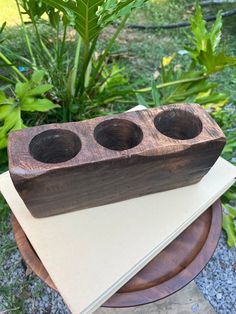 three wooden bowls sitting on top of a piece of paper next to some green plants