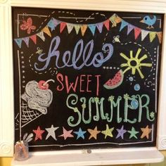 a chalkboard with the words hello sweet summer written on it