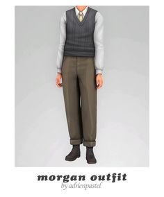 an animated image of a man wearing a vest, tie and dress pants with the words morgan outfit on it