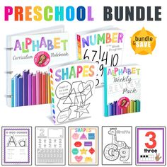 the pre school bundle includes three books, two coloring sheets and one activity book