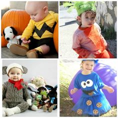 there are four pictures of babies dressed in halloween costumes and one is holding a stuffed animal