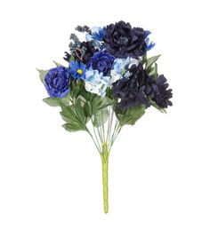 a bouquet of blue flowers on a white background