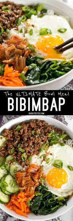 two plates with different types of food in them and the words bibimbap on top