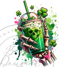 a skull holding a green drink with shamrocks on it's head and hands