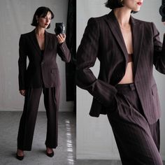 FREE DOMESTIC SHIPPING This absolutely beautiful vintage Y2K Salvatore Ferragamo brown striped angora wool blend suit is a shop favorite! Strong shoulders, peak label, single button cropped blazer paired with mid rise wide leg slacks. Perfect to dress up or down and excellent to tailor to the perfect fit with room to let out or be taken in. Made in Italy. Please refer to measurements below. <> Designer: Salvatore Ferragamo <> Made in Italy <> 86% Wool 12% Angora 2% Spandex  <> Size: Please refer Womens Suit, Wide Leg Pant Suit, Strong Shoulders, Pant Suit, Italian Designer, Cropped Blazer, Wide Leg Pant, Y2k 2000s, Italian Design