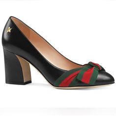 Gucci Black Grosgrain Bow Aline Heels Web Stripe, Size Eu 36.5 , Nwt Offers & Counteroffers Welcome & Encouraged! Size : Eu 36.5 Color: Black, Green/Red New! Very Little Wear On Soles - Tried On. One Small Nick In The Heel On Left Pair, Shown In Photos. Features: - Grained Malaga Kidskin Heels In Black. Almond Toe. - Grosgrain Bow Striped In Red And Green At Vamp. Star-Shaped Stud At Outer Side. Leather Sole In Pink. - Antiqued Gola-Tone Hardware. Tonal Stitching. Approx 3.5 Heel. Measurements C Gucci Formal Low Heel Shoes, Gucci Pointed Toe Heels For Work, Gucci Block Heels For Office, Gucci High Heel Calf Leather Heels, Gucci Almond Toe Heels For Office, Gucci Pointed Toe Heels For Office, Gucci Leather Heels With Low Heel, Gucci High Heels With Leather Sole, Gucci Leather Low Heel Heels