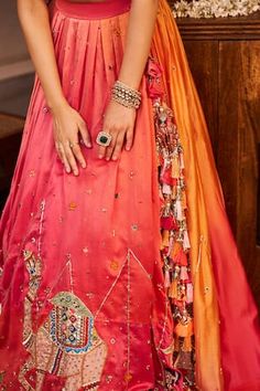 Pink and peach ombre lehenga with sequins, beads, cutdana, nakshi and tassels embroidered desert and camel motifs. Paired with coordinating thread and lace embroidered bustier. - Aza Fashions Bohemian Orange Traditional Wear For Wedding, Bohemian Pink Lehenga With Dori Work, Bohemian Orange Choli For Wedding, Ombre Lehenga, Embroidered Bustier, Cape Lehenga, Kurta Lehenga, Lehenga Pattern, Sanya Malhotra