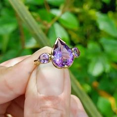 a person holding an amethorate ring in their hand with green leaves behind it