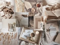 a collage of photos with books, candles and other things in them on a bed