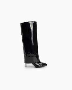 Pointed-Toe-Stiletto-Patent-Leather-Pull-On Boots-fold-over-Knee-high Evening Heeled Boots With 4-inch Pointed Toe, Evening Patent Leather Knee-high Heeled Boots, Evening Knee-high Patent Leather Heeled Boots, Evening Patent Leather Boots With Sculpted Heel, Evening Patent Leather Boots With Pointed Toe, Evening Patent Leather Heeled Boots With Sculpted Heel, Evening Patent Leather Heeled Boots With Almond Toe, Sleek Heeled Boots With Sculpted Heel For Party, Evening Patent Leather Knee-high Heels