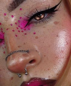 Pink Avant Garde Makeup, Make Up Aesthetic, Gem Makeup, Up Aesthetic, Rhinestone Makeup, Carnival Makeup, Pride Makeup, Rave Makeup