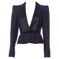 Tom Ford for Yves Saint Laurent Chinoiserie Tuxedo Smoking Jacket French size 42 - US 10 Timeless Classy and Rare F/W 2004 Runway Collection Created from Exquisite Chinese Symbol Fabric. Black, 57% Wool, 43% Silk, Fully Lined, Satin Lapel, Padded Shoulders, Epaulets, Single Satin Button Closure, Chest Pockets, Peplum Style. Measurements: Length - 22 inches, Bust - 38", Waist - 30". Made in France. Excellent condition. Listing code: 6235458528958 Blue Blazers, Blue Tux, Peplum Blazer, Jackets Black, Blazer Blue, Peplum Styles, Tuxedo Jacket, Runway Collection, Chinoiserie