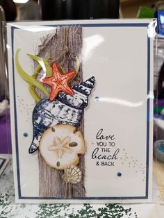 a close up of a greeting card with sea shells and starfishs on it